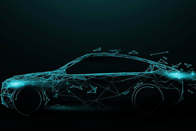 Illustration KraftSt: Digitalisiertes Automobil aus Datenpunkten.