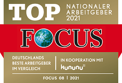Logo "Top Nationaler Arbeitgeber 2021. Focus. Deutschlands beste Arbeitgeber im Vergleich in Kooperation mit kununu. Focus 08/2021"